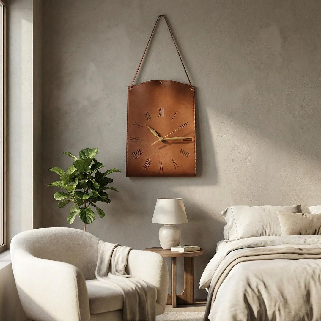 Dekorative Wanduhr in eleganter Handtaschenform für modernes Wohnzimmer. Lautlose Quarzuhr, tolle Geschenkidee.