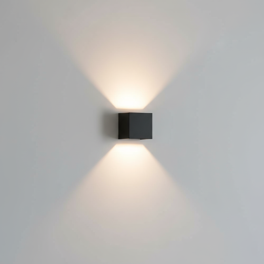 Moderne akkubetriebene LED Wandleuchte im LumaCube Design; ideal für Wohnzimmer, Schlafzimmer oder Flur.