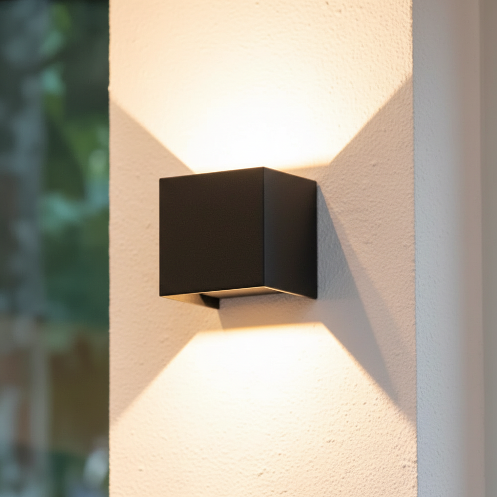 Elegante dimmbare LumaCube LED Wandleuchte, kabellos und modern, erhältlich in Schwarz oder Weiß für Innenbereiche.