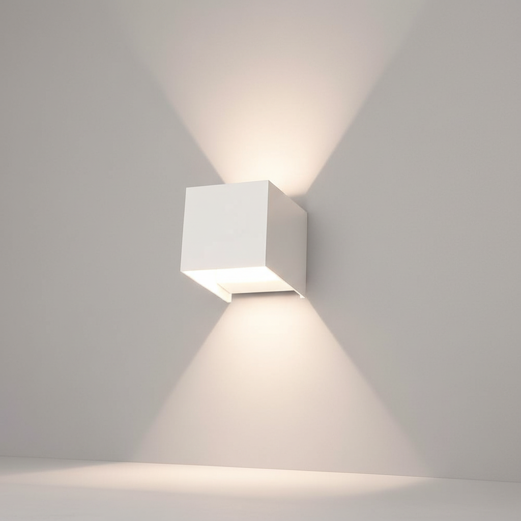 Minimalistische, kabellose LED Wandleuchte LumaCube für einfaches Anbringen; dimmbar für perfektes Stimmungslicht.