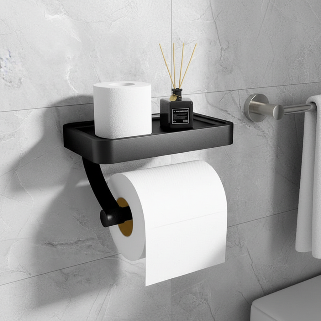 Eleganter wandmontierter Toilettenpapierhalter aus Edelstahl mit praktischer Ablage für Ihr modernes Badezimmer.