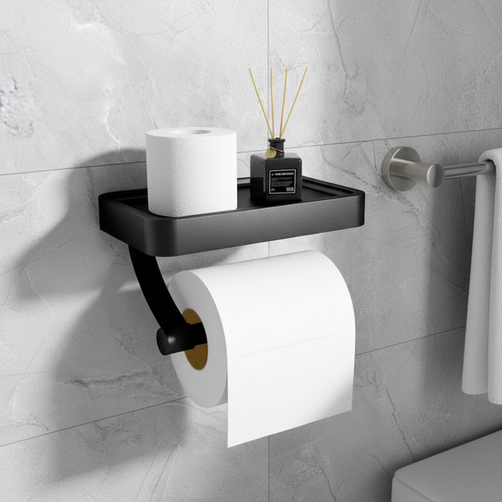 Eleganter wandmontierter Toilettenpapierhalter aus Edelstahl mit praktischer Ablage für Ihr modernes Badezimmer.