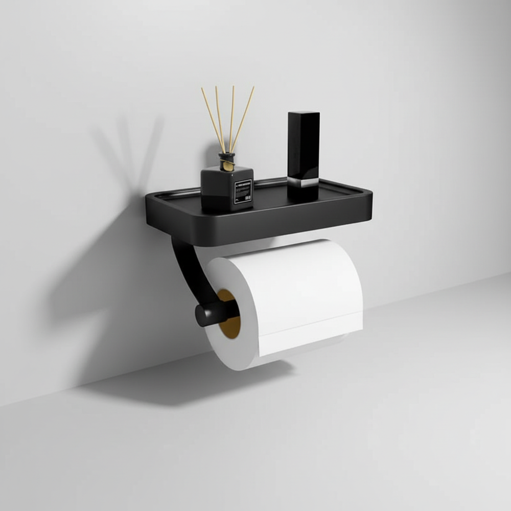 Moderner WC-Rollenhalter aus Edelstahl, wandmontiert, mit Ablagefläche für ein ordentliches Badezimmer.