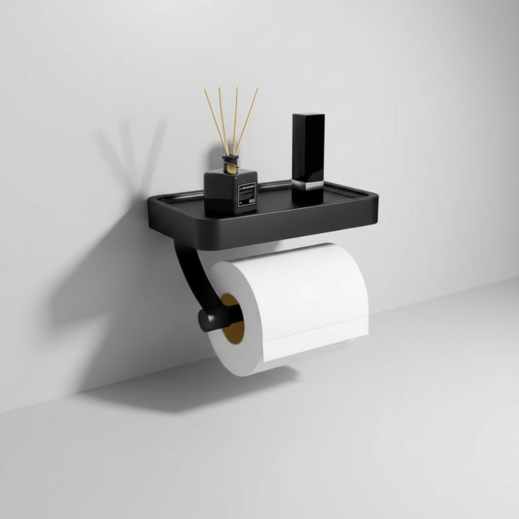 Moderner WC-Rollenhalter aus Edelstahl, wandmontiert, mit Ablagefläche für ein ordentliches Badezimmer.