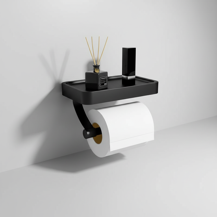 Moderner WC-Rollenhalter aus Edelstahl, wandmontiert, mit Ablagefläche für ein ordentliches Badezimmer.