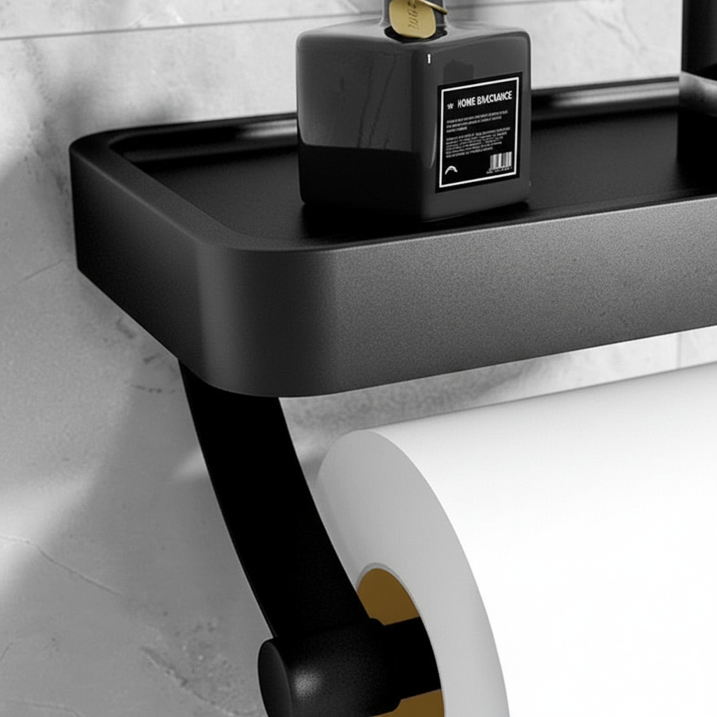Minimalistischer RollDock Toilettenpapierhalter zur Wandmontage, Edelstahl, mit Ablage für Handy oder Deko.
