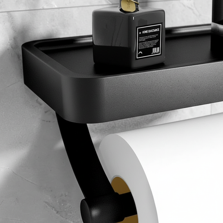 Minimalistischer RollDock Toilettenpapierhalter zur Wandmontage, Edelstahl, mit Ablage für Handy oder Deko.