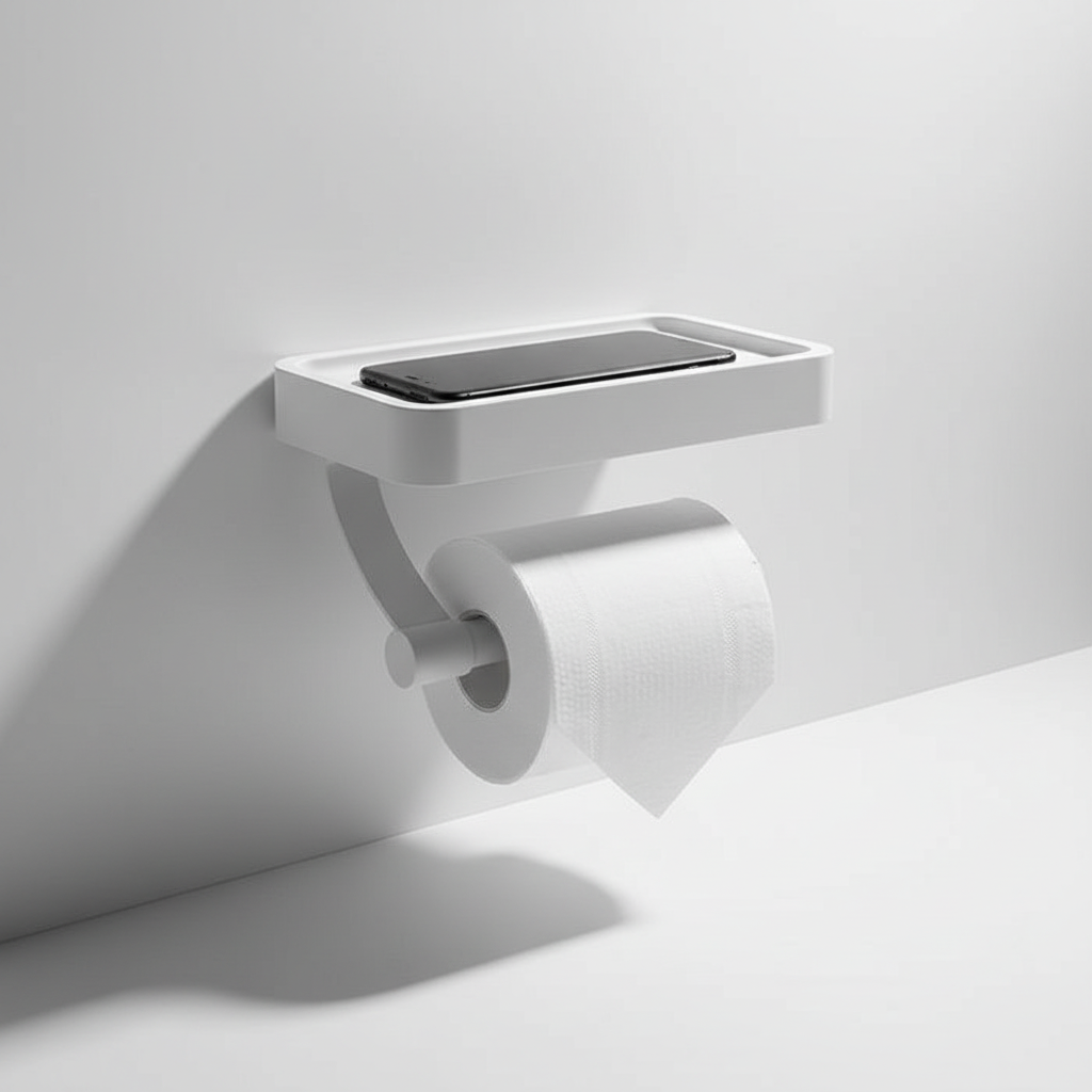 Moderner Toilettenpapierhalter aus Edelstahl für die Wandmontage, mit Ablage für mehr Ordnung im Badezimmer.