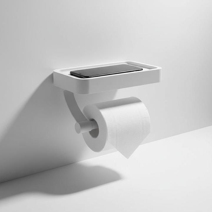 Moderner Toilettenpapierhalter aus Edelstahl für die Wandmontage, mit Ablage für mehr Ordnung im Badezimmer.