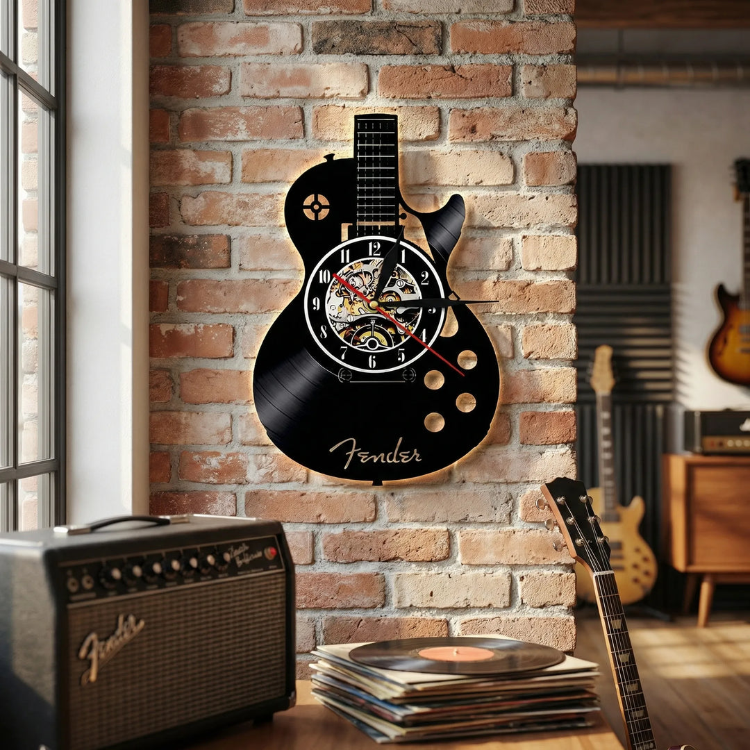 Stilvolle Wanduhr im Gitarren-Design mit LED-Beleuchtung. Perfekt als einzigartige Musik-Dekoration für Zuhause.