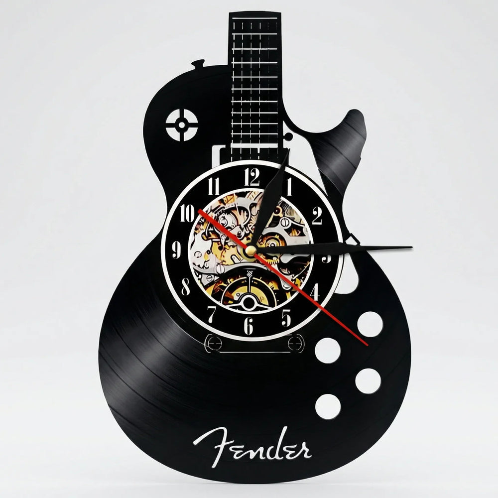 Analoge Gitarren-Wanduhr mit optionaler LED-Beleuchtung. Eine moderne Design-Uhr für Musikliebhaber im Wohnzimmer.