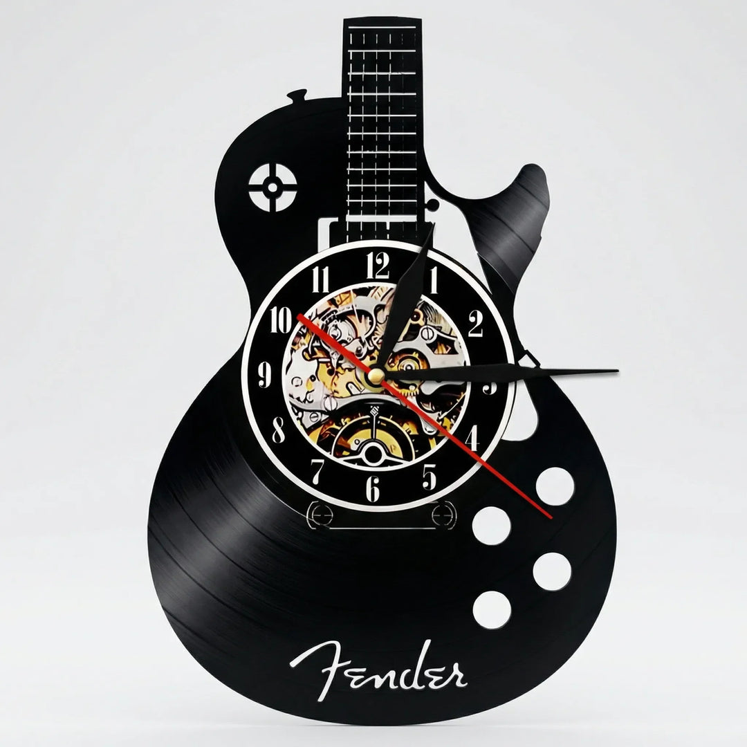Analoge Gitarren-Wanduhr mit optionaler LED-Beleuchtung. Eine moderne Design-Uhr für Musikliebhaber im Wohnzimmer.