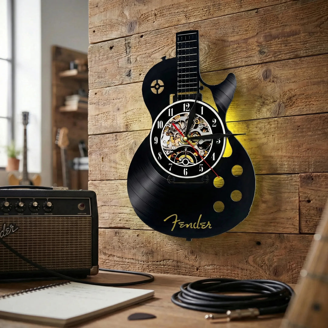 Elegante Gitarren-Wanduhr als Blickfang. Eine LED-Uhr, die Musik und Zeit stilvoll für Ihr Zuhause vereint.