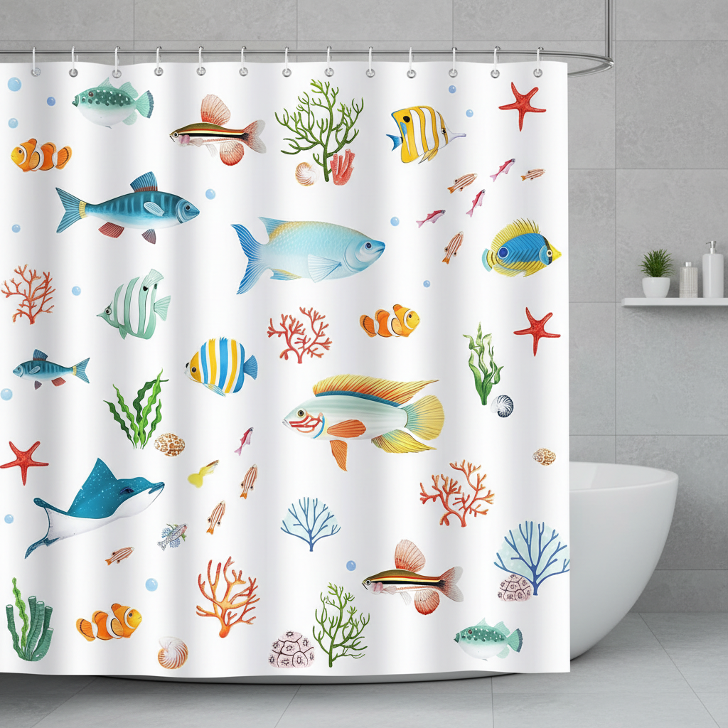 Farbenfroher, wasserabweisender Duschvorhang aus Polyester mit lebhaftem Meeresmotiv, ideal für Ihr Badezimmer.
