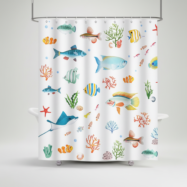 Bunter Duschvorhang aus wasserabweisendem Polyester, pflegeleicht, mit lebhaftem Meeresmotiv für Ihr modernes Badezimmer.