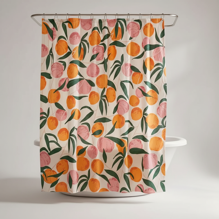 Eleganter Polyester-Duschvorhang "PeachAura" mit frischem Pfirsichmuster; wasserabweisend und robust fürs Bad.