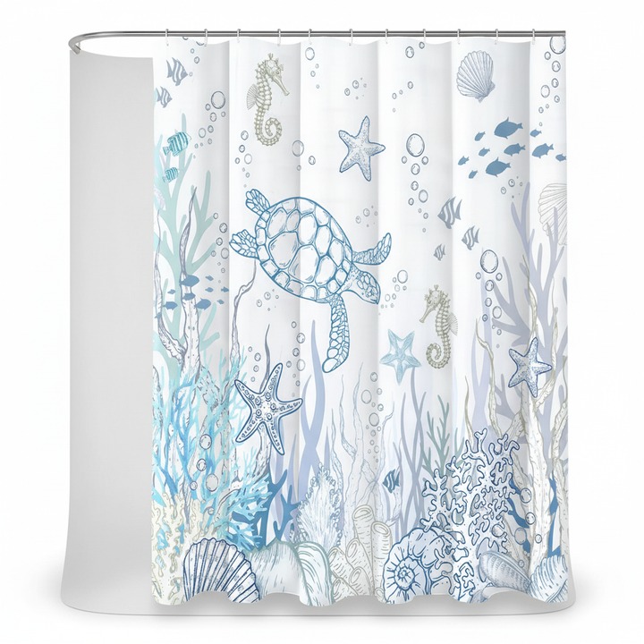 Pflegeleichter Polyester Duschvorhang mit Unterwasserwelt-Motiv, Schildkröten und Korallen, ideal fürs Bad.