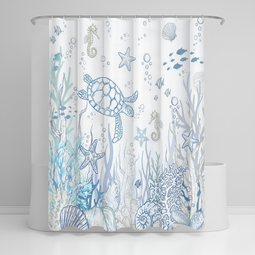 Detailreicher Duschvorhang mit ozeanischem Schildkröten-Motiv, wasserdichtes Polyester für eine entspannte Dusche.