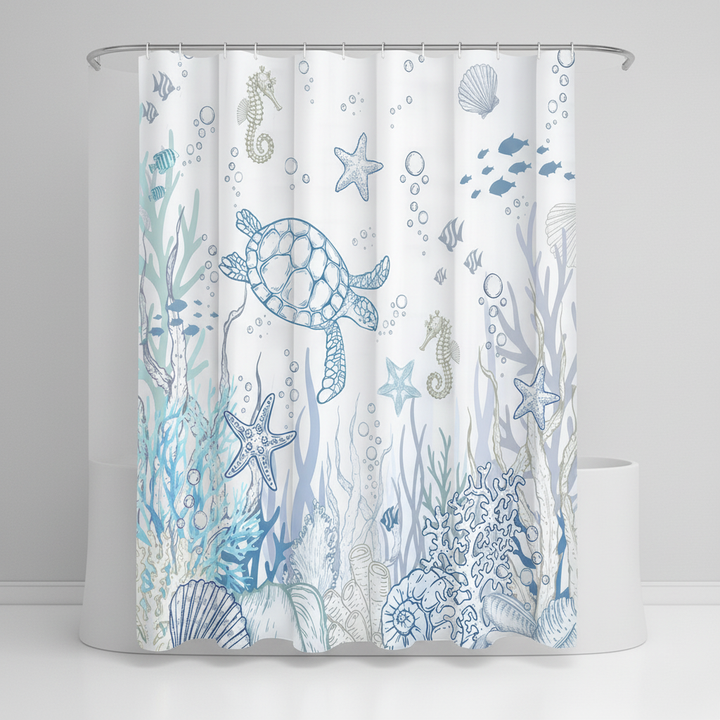 Detailreicher Duschvorhang mit ozeanischem Schildkröten-Motiv, wasserdichtes Polyester für eine entspannte Dusche.