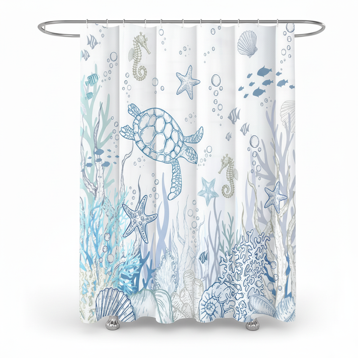 Robuster Polyester Duschvorhang mit maritimem Design, Schildkröten-Motiv, wasserdicht und pflegeleicht fürs Bad.