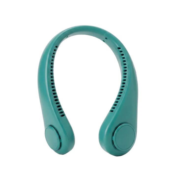 Grüner, flügelloser Nackenventilator, freihändig & tragbar, ideal für Outdoor, Sport oder Pendeln. Mit 3 Geschwindigkeiten.