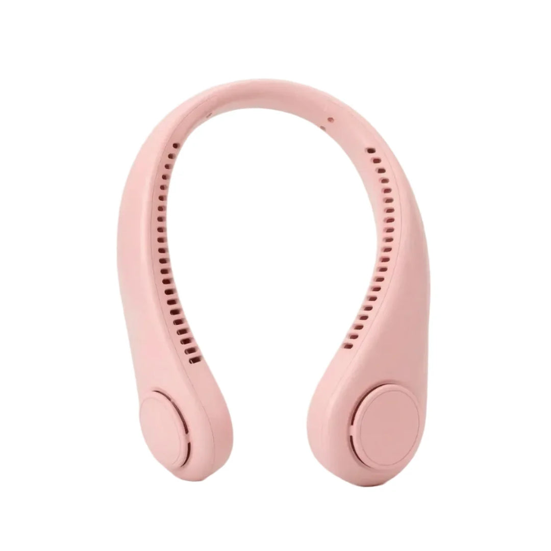 Pinker, tragbarer Nackenventilator, flügelloses Design für kühle Luft unterwegs. Freihändig für alle Sommeraktivitäten.