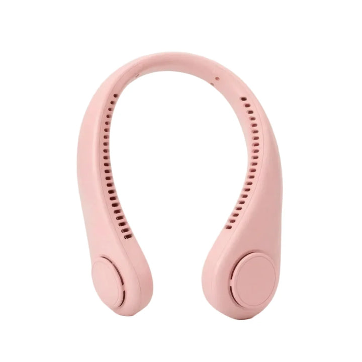 Pinker, tragbarer Nackenventilator, flügelloses Design für kühle Luft unterwegs. Freihändig für alle Sommeraktivitäten.
