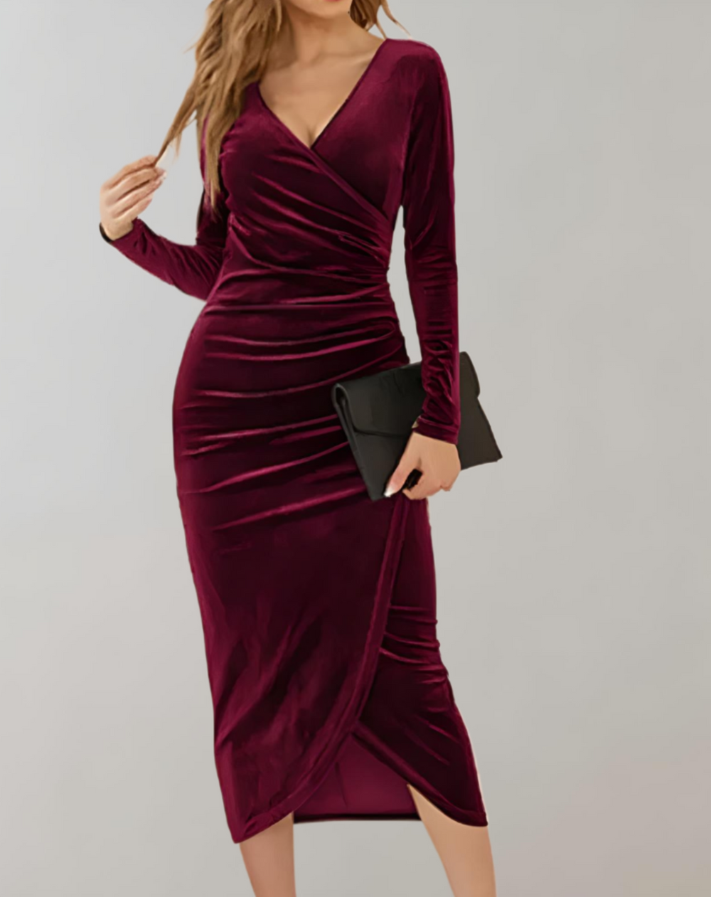 Modernes Damen Wickelkleid mit V-Ausschnitt und Rüschenärmeln, ideal als Cocktail- oder Partykleid.