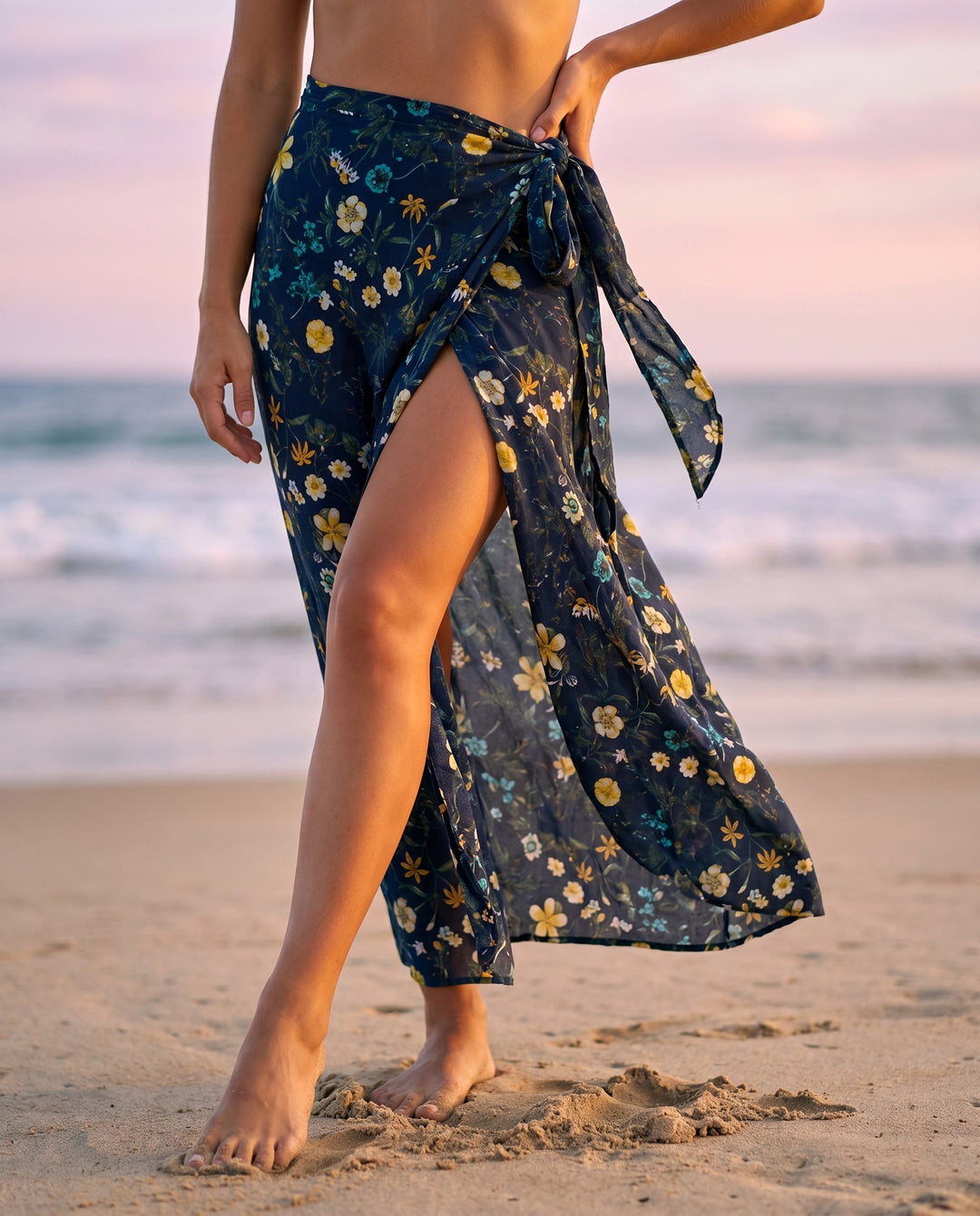 Eleganter Damen Wickelrock mit botanischem Blumenprint. Fließender Sommerrock für feminine Looks.
