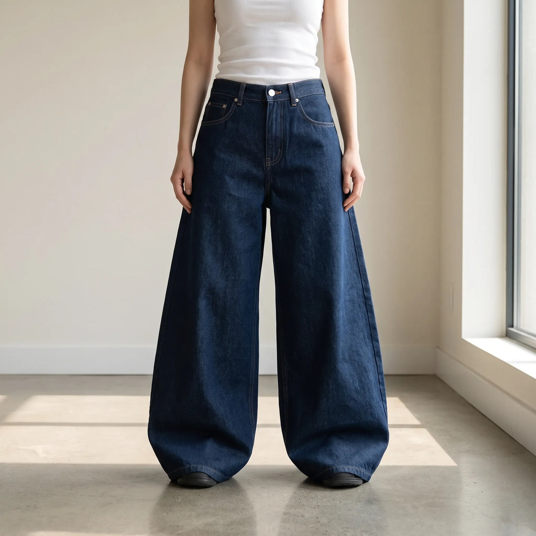 Dunkle Damen Wide Leg Jeans 'Iris' mit hohem Bund; bequeme, lockere Passform für stilvolle Freizeit-Looks.