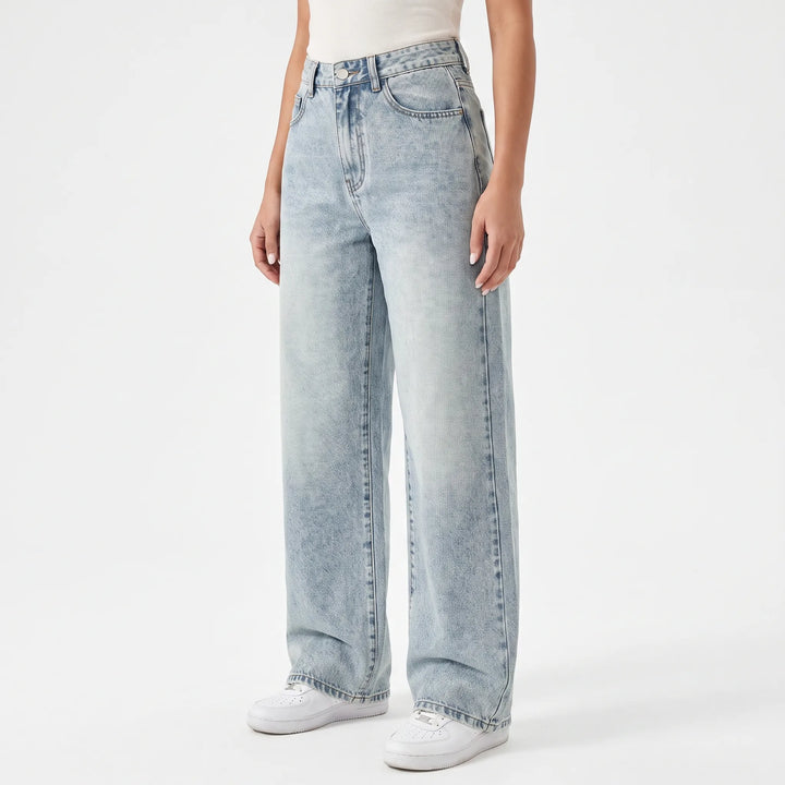 Vielseitige High Waist Damen Wide Leg Jeans. Hoher Bund für schmeichelhaften Sitz und bequeme, lockere Passform.