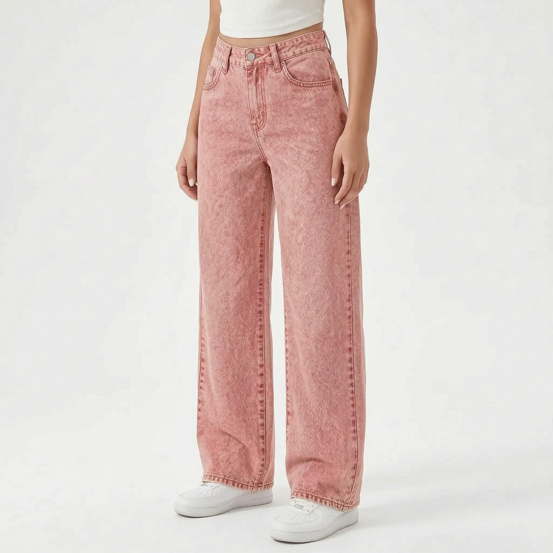 Nahaufnahme: Damen Wide Leg Jeans aus Denim mit hohem Bund und lockerer Passform. Modisch und bequem.