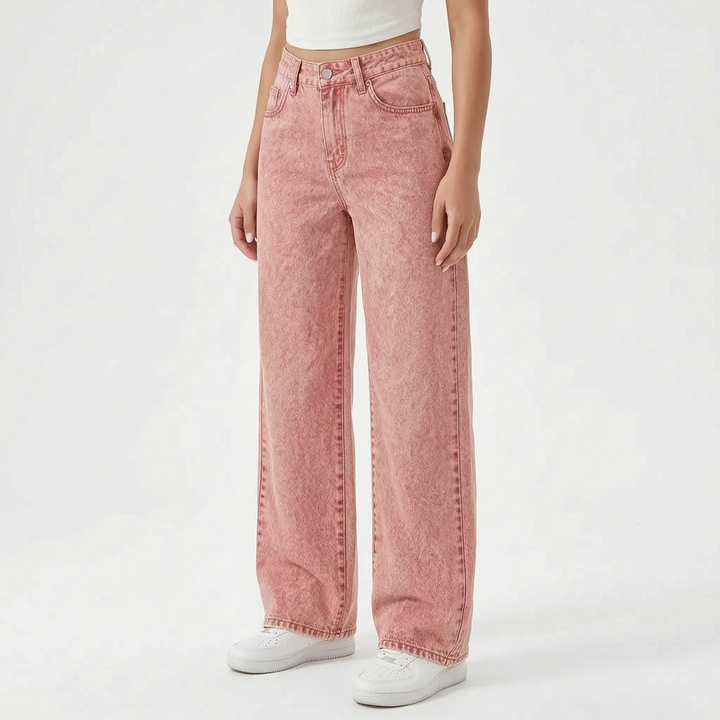 Nahaufnahme: Damen Wide Leg Jeans aus Denim mit hohem Bund und lockerer Passform. Modisch und bequem.