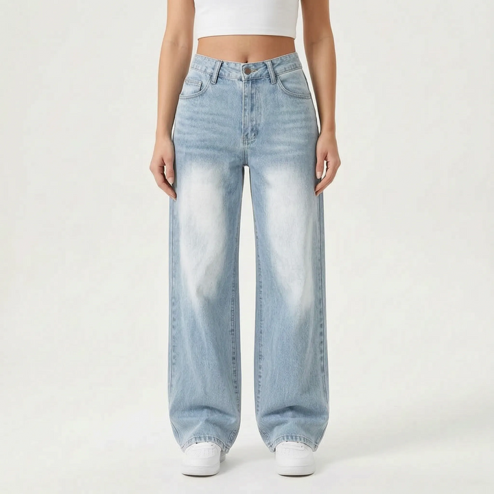Trendige High Waist Wide Leg Jeans für Damen. Stilvolle Jeans mit weitem Bein im angesagten Y2K-Look für jede Jahreszeit.