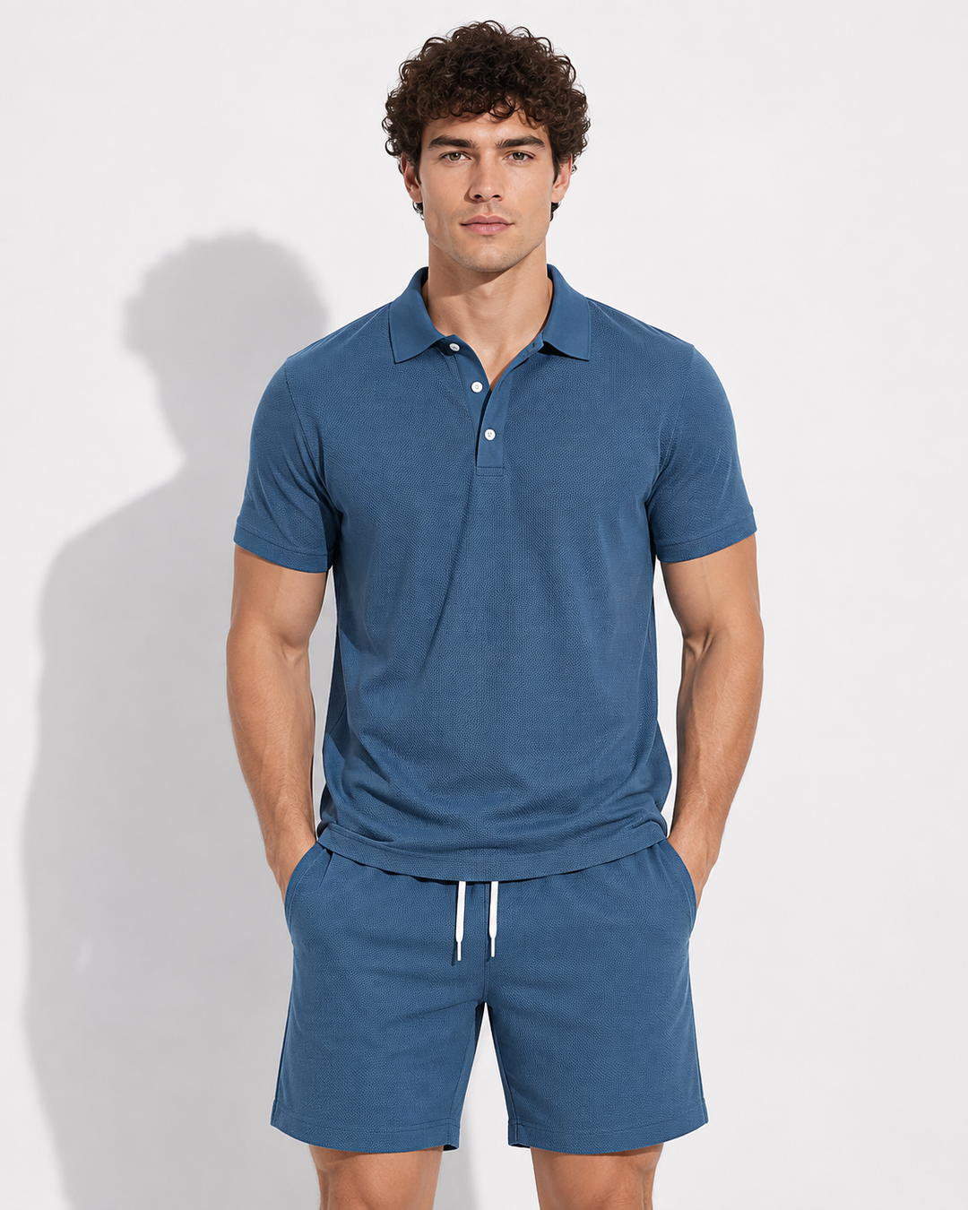 Modernes Männer Sommeroutfit: Elegantes Polohemd & passende Shorts. Freizeitanzug für Herren.