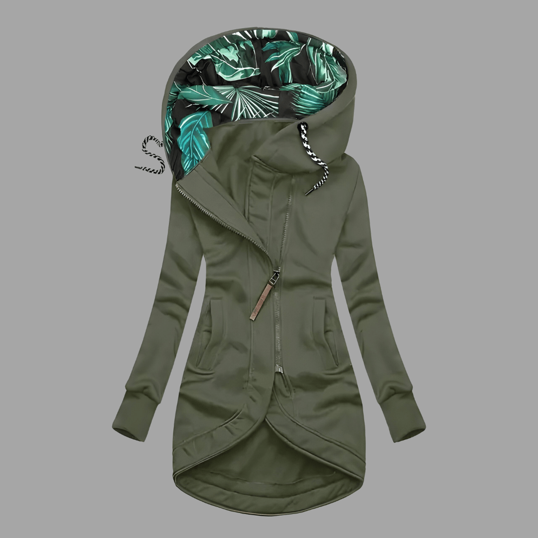 Stilvoller Damen Parka mit Kapuze und langem Arm. Eleganter, winddichter Mantel mit Reißverschluss für kalte Tage.