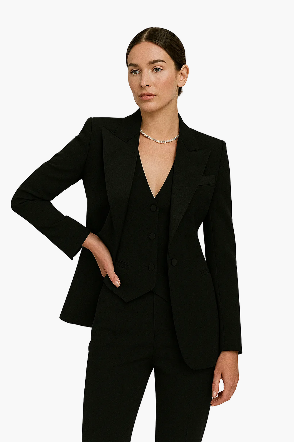 Stilvoller Damen Businessanzug in Schwarz, Marineblau, Grau oder Rot, ideal für formelle Anlässe & Büro.