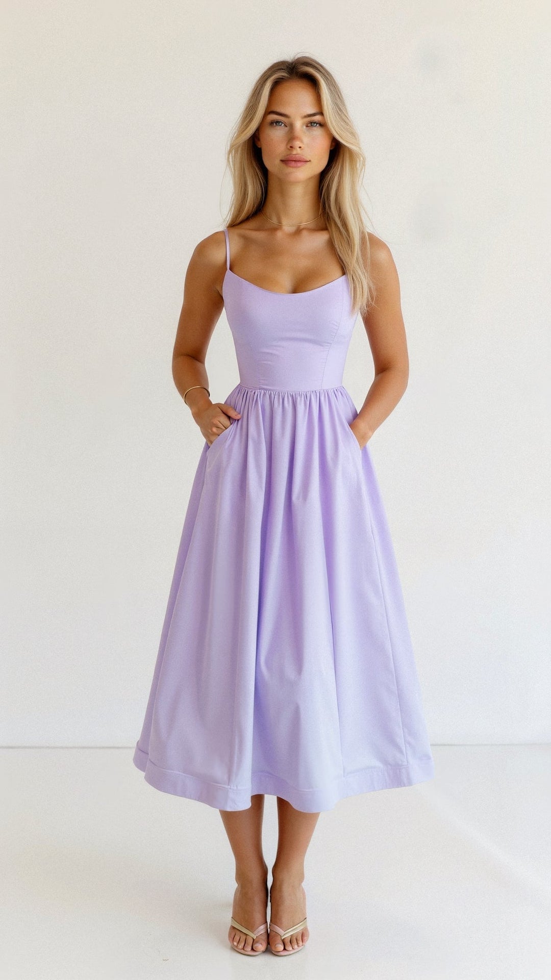 Modernes Ascot-Damenkleid. Fließende A-Linie, Midilänge, ein sommerlich elegantes Freizeitkleid.