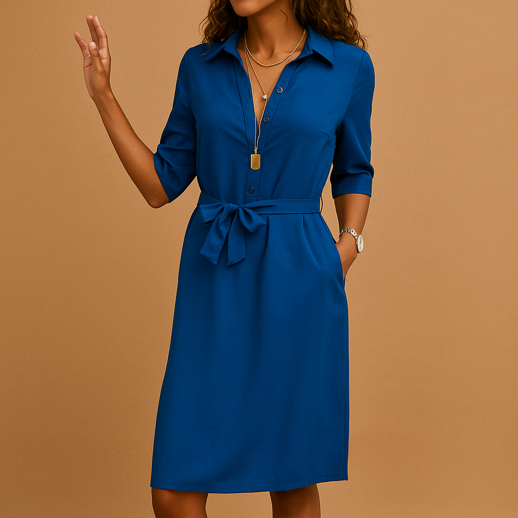 Stylisches Damen Gürtelkleid als Hemdblusenkleid. Perfektes Frühjahrskleid mit Knopfleiste und Taillengürtel.