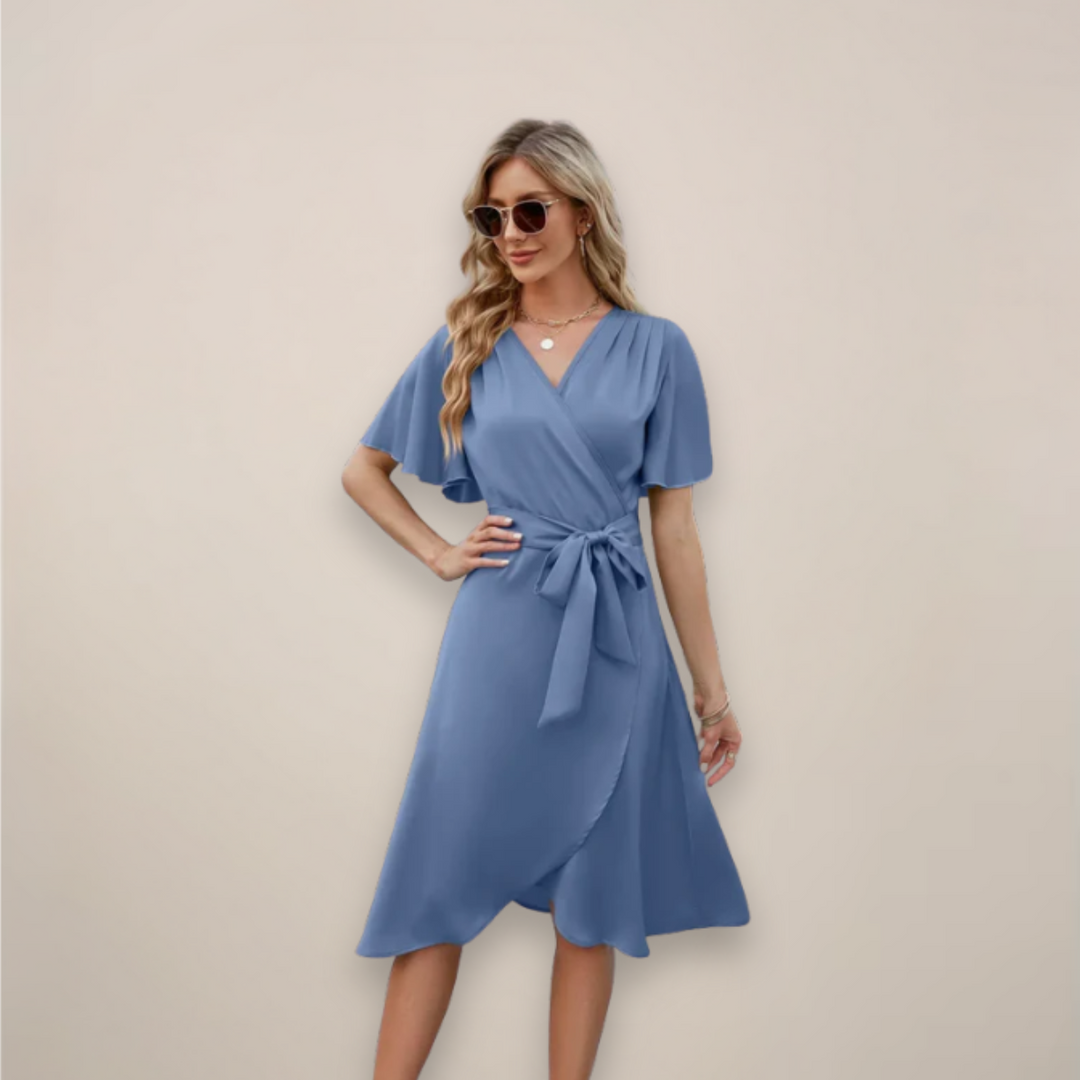 Damen Midi-Wickelkleid mit elegantem Frontknoten, perfekt für stilvolle Sommertage & feminine Freizeitlooks.