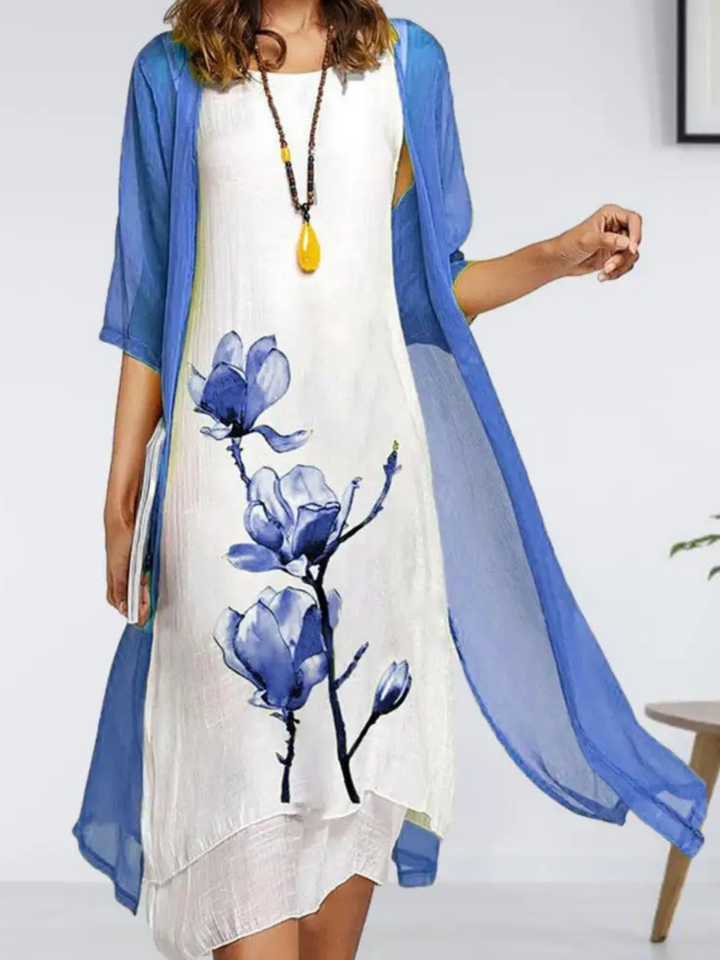 Vielseitiges Damen Midikleid Set mit passendem Cardigan im floralen Design. Elegantes Sommeroutfit für Damen.