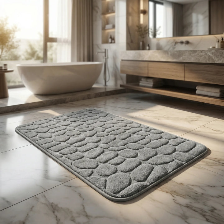 Weiche Badematte Drystone mit realistischem Kieselmuster für maximalen Komfort im Badezimmer.