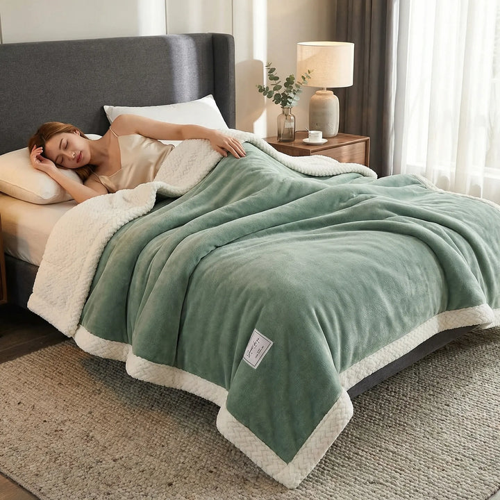 Kuschelige Winterdecke, beidseitig weich, grün kariert. Ideal für Wärme & Gemütlichkeit im Schlafzimmer.