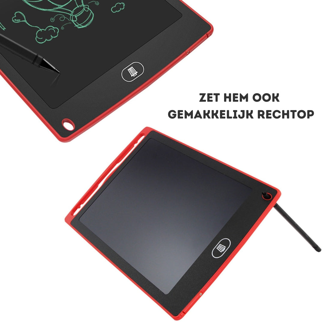 Nahaufnahme eines Kinder LCD-Zeichentabletts mit einem bunten Bild, Stift daneben, bereit zum Malen.