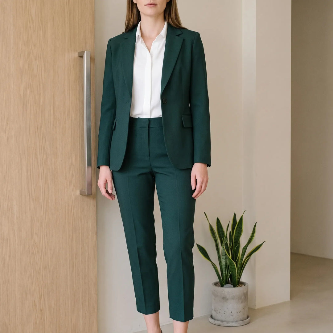Eleganter grüner/schwarzer Damen Businessanzug, Zweiteiler, Hosenanzug für Büro & formelle Anlässe. Stilvoll und bequem.