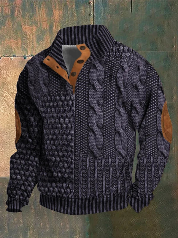 Fashion-Statement Herren Pullover: Zopfmuster, Patchwork und stilvoller Knopfkragen. Trendige Herbstmode.