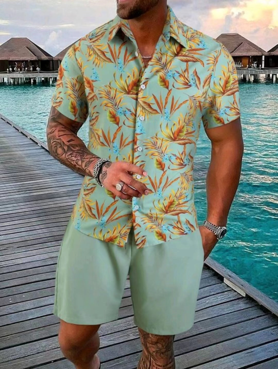 Bequemes Herren Zweiteiler Shorts-Set: Kurzarmhemd und Shorts, perfekt für sommerliche Freizeit.
