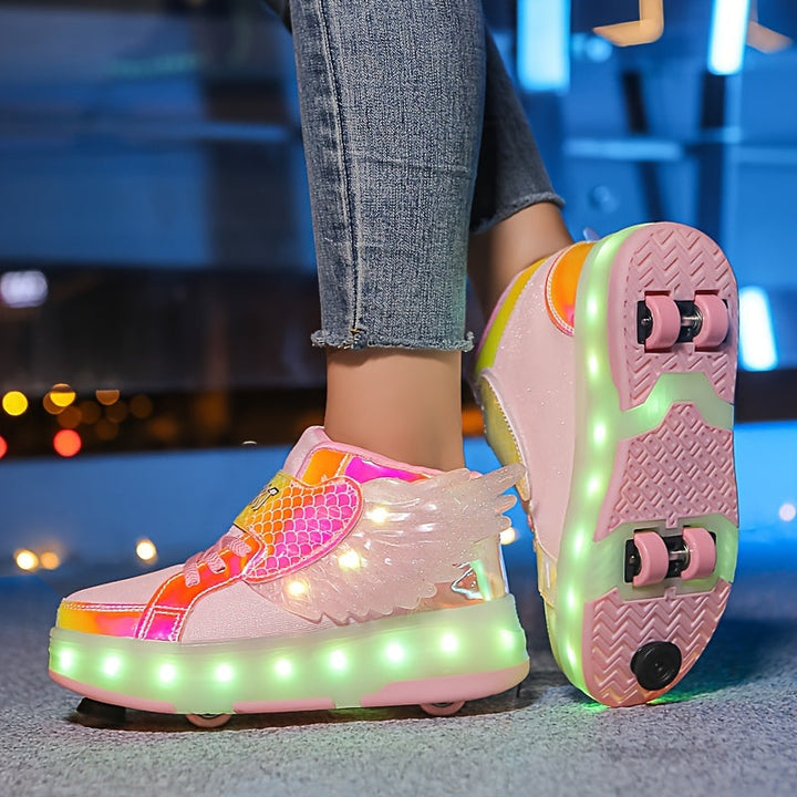 Vielseitige Kinder Schuhe: LED-Sneaker mit Rollen & Flügeln, schnell umwandelbar, für Spaß beim Gehen oder Rollen.