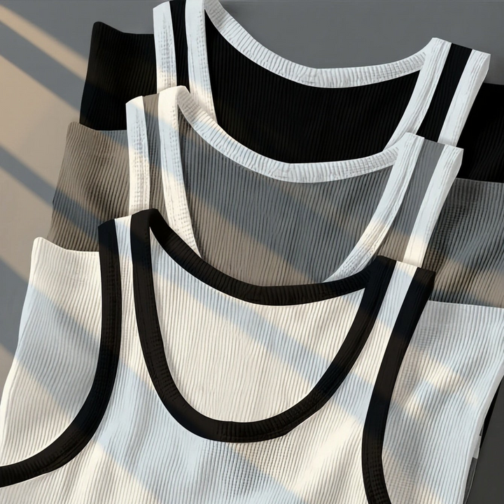 Rückenansicht: Herren Tanktop Set mit Rippstruktur, bequemes Sportshirt für Training & Freizeit.