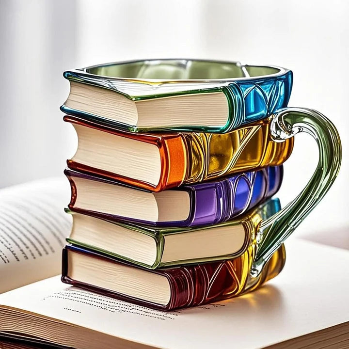 Buch-Tasse aus Glas mit detailreichem Bücherstapel-Design, als besonderes Lesergeschenk für Kaffee oder Tee. Heimdekoration.